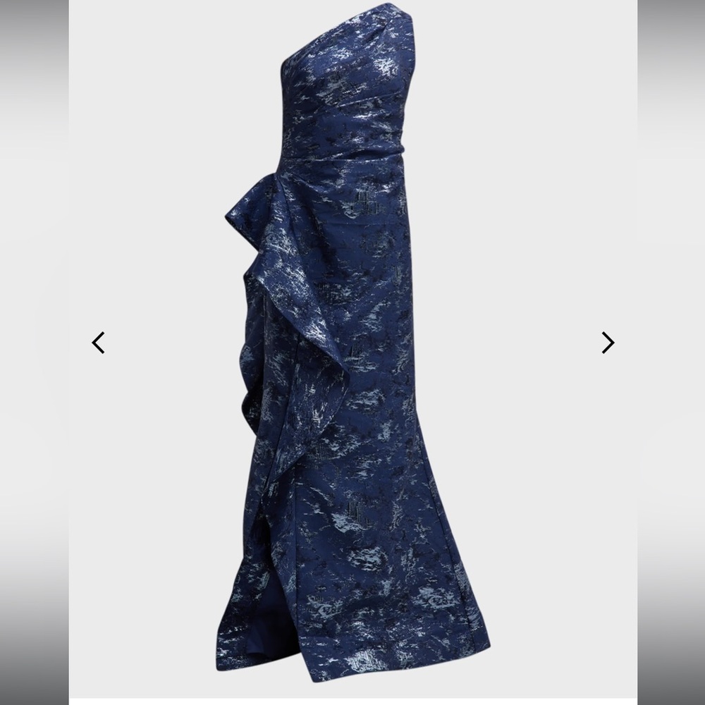 Metallic Jacquard One-Shoulder Side-Ruffle Gown